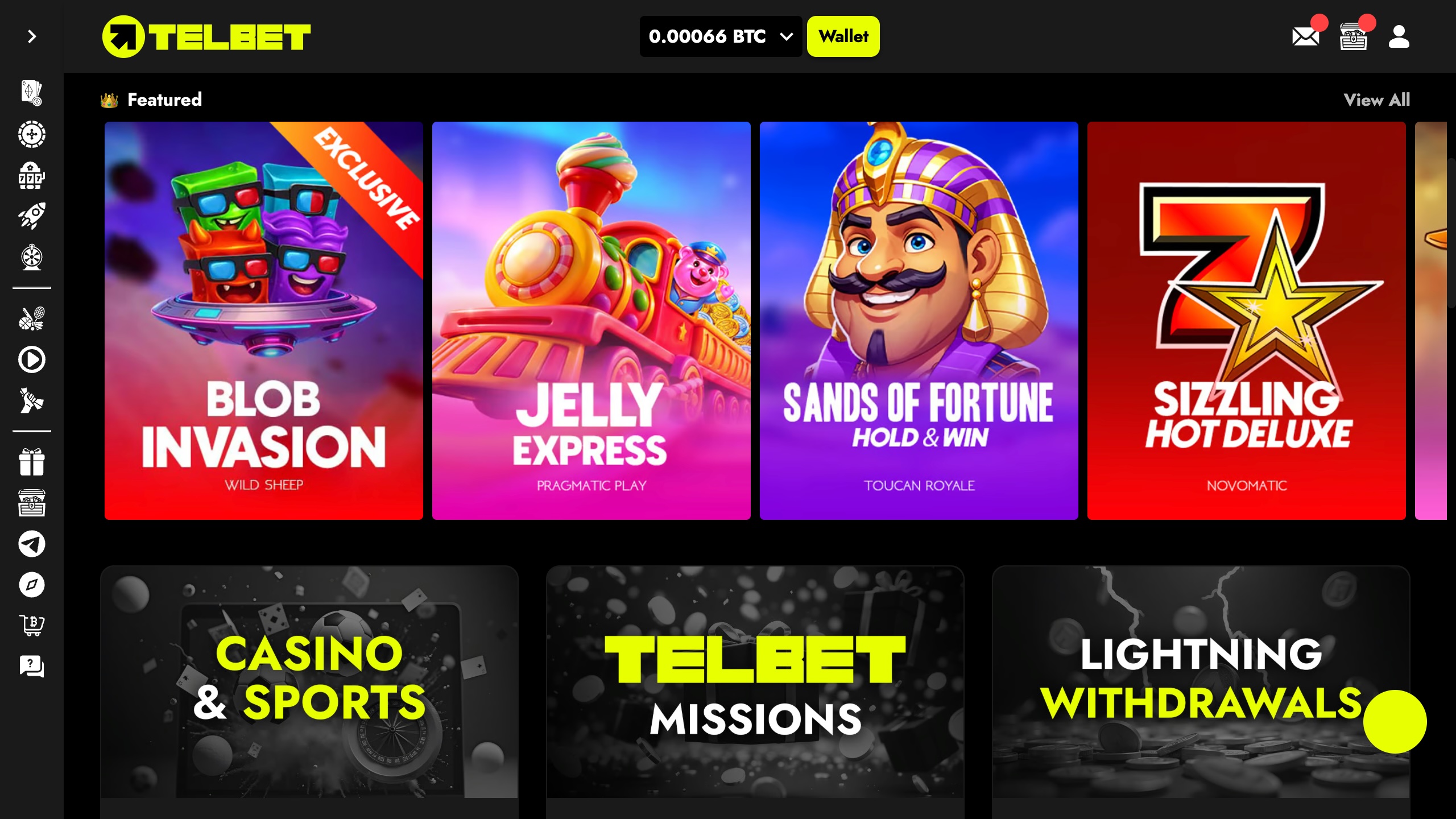 screenshot of telbet casino showing the featured games and features banner