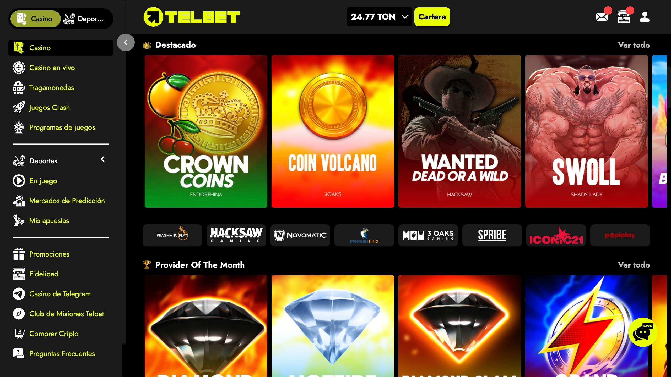lobby de casino de telbet en español con tragamonedas, juegos crash, casino en vivo y proveedores destacados