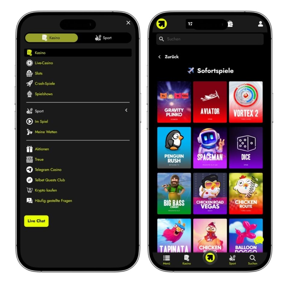 Screenshot der mobilen Ansicht des Telbet Casinos