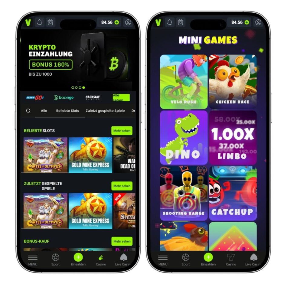Das Bild zeigt die mobile Version des Velobet Casinos Schweiz. Links sieht man die Startseite mit dem Bonusslider und rechts eine Übersicht der Minigames