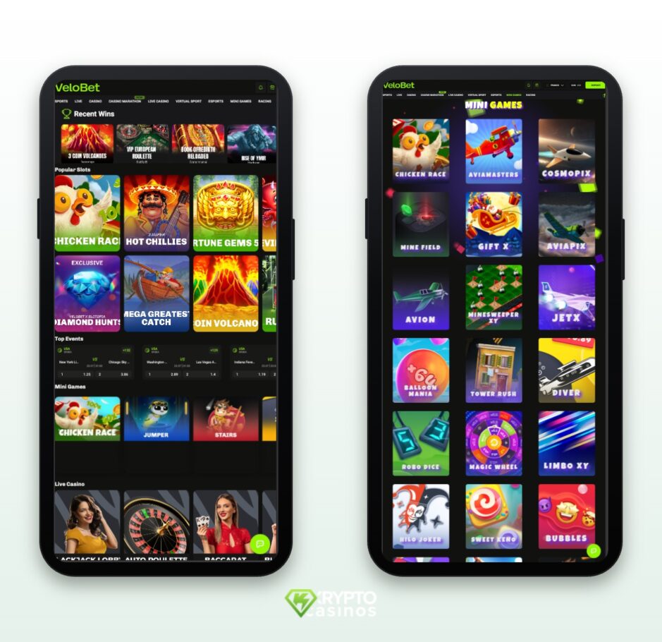 The image shows the mobile version of the Velobet Casino. On the left is the main gaming lobby on the right their selection of Crash Games