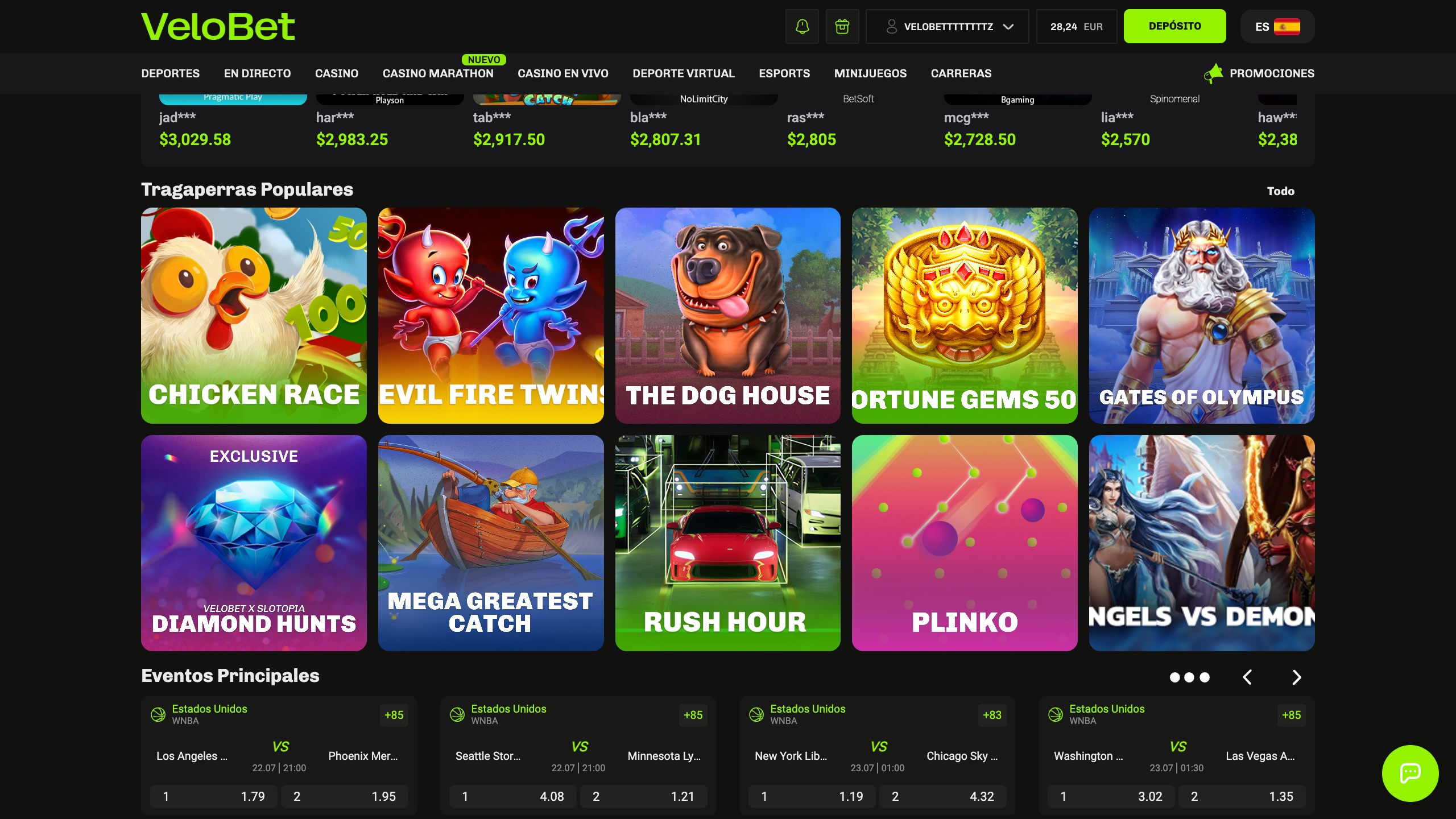 página principal de velobet casino en español con tragamonedas populares, eventos deportivos, promociones y opciones de depósito