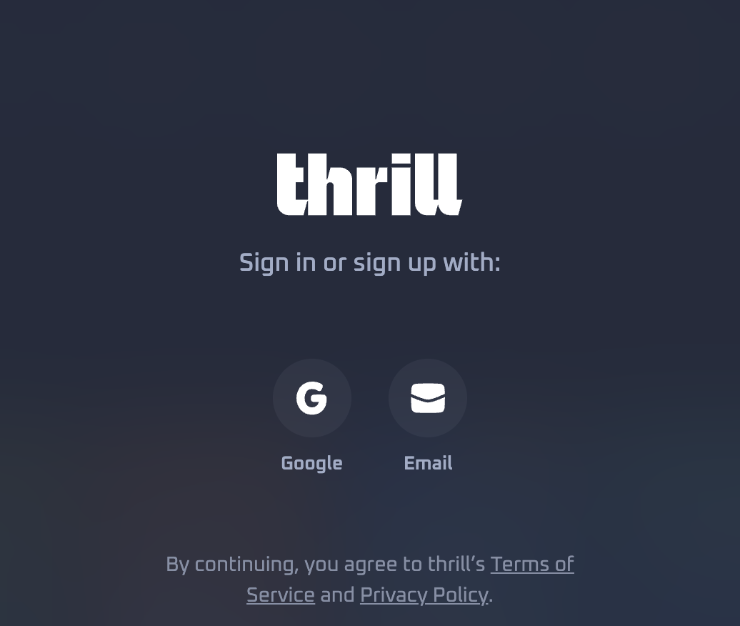 thrill casino registration window showing google and email options