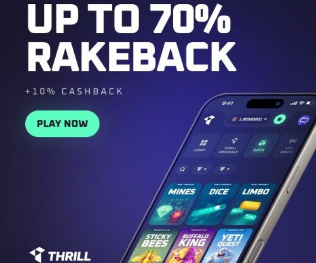 Bono de rakeback hasta 70% de Thrill Casino, más un 10% en cashback