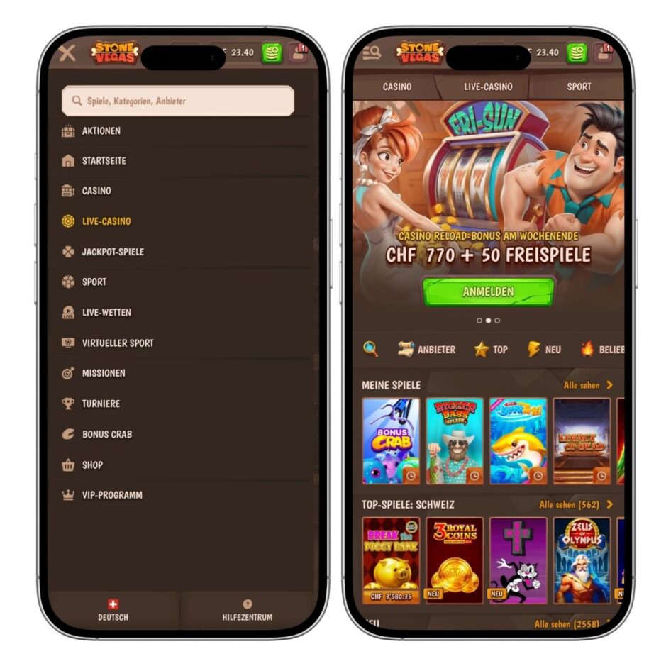 Das Bild zeigt die mobile Ansicht des StoneVegas Casinos. Rechts die Startseite und links die Menüübersicht