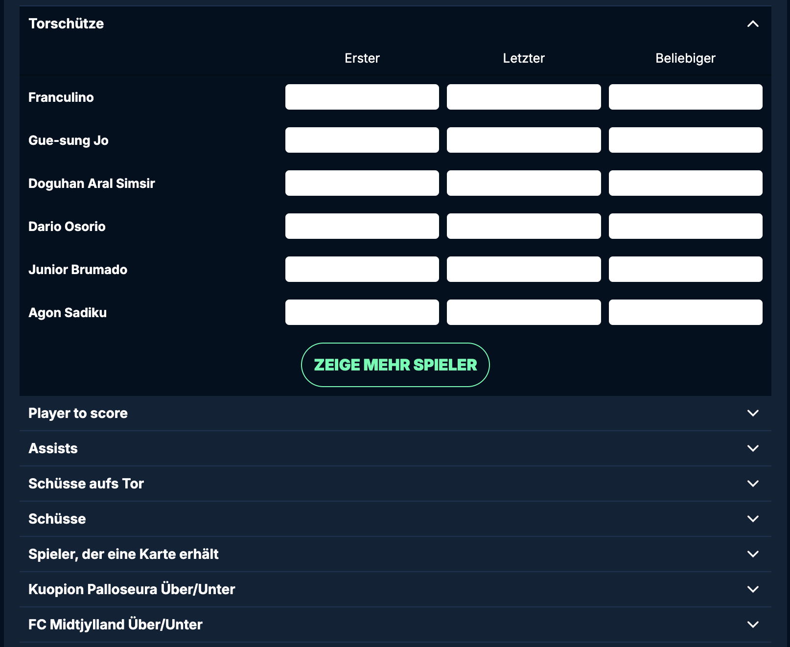 Betbuilder von Playzilla, weitere Ansicht