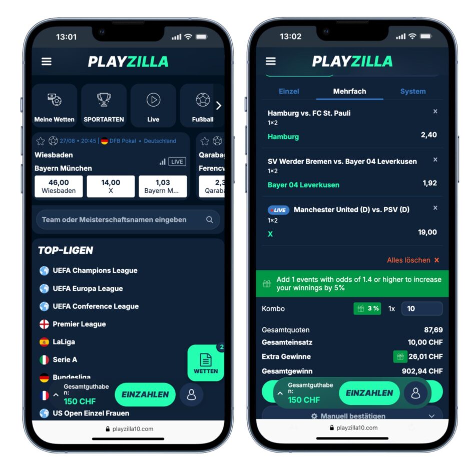 Mobiler Screenshot der Playzilla Sportwetten in der Schweiz