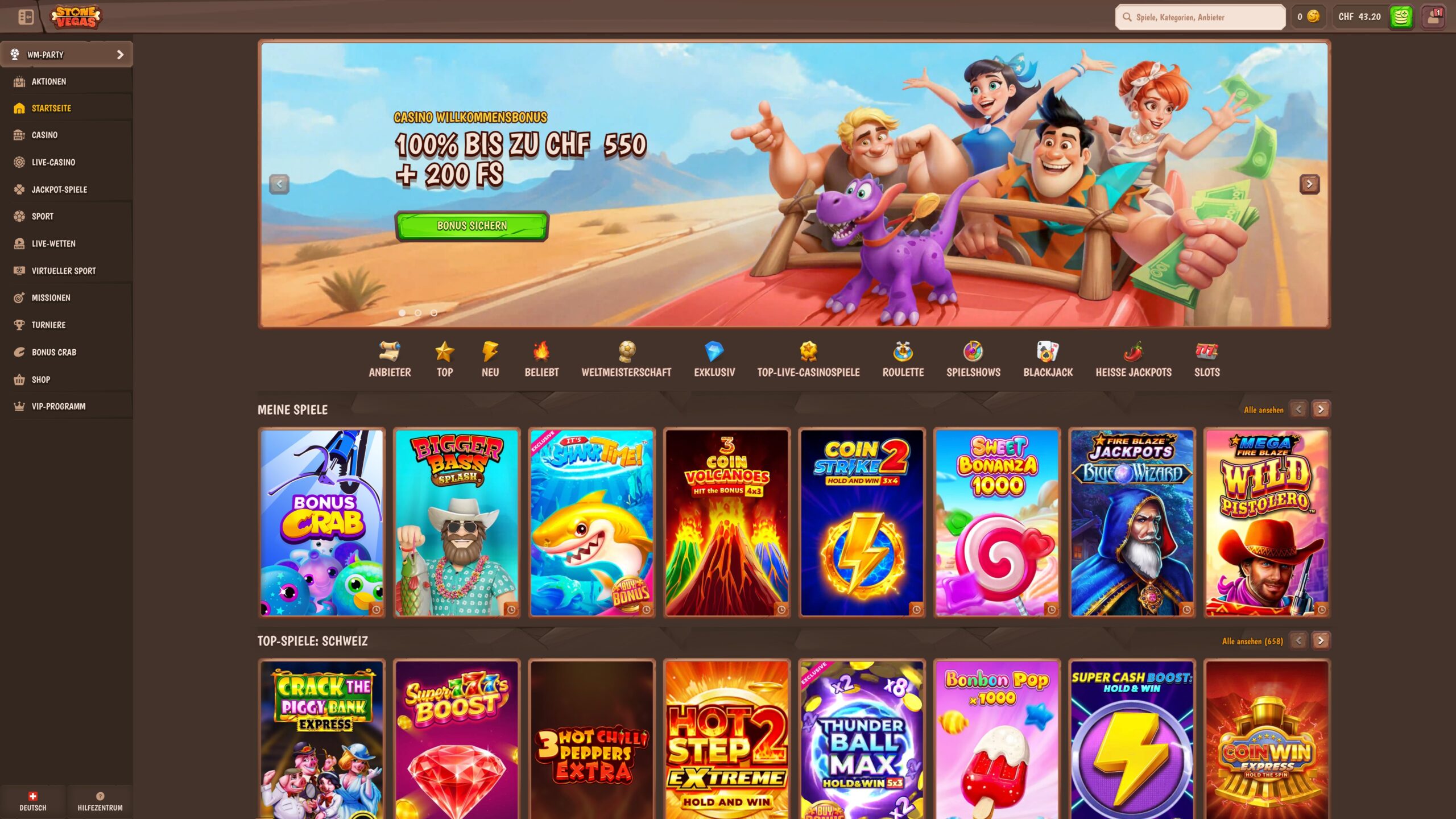 Das Bild zeigt die Desktop Version des Stonevegas Schweiz mit dem Bonusbanner und der Spiellobby