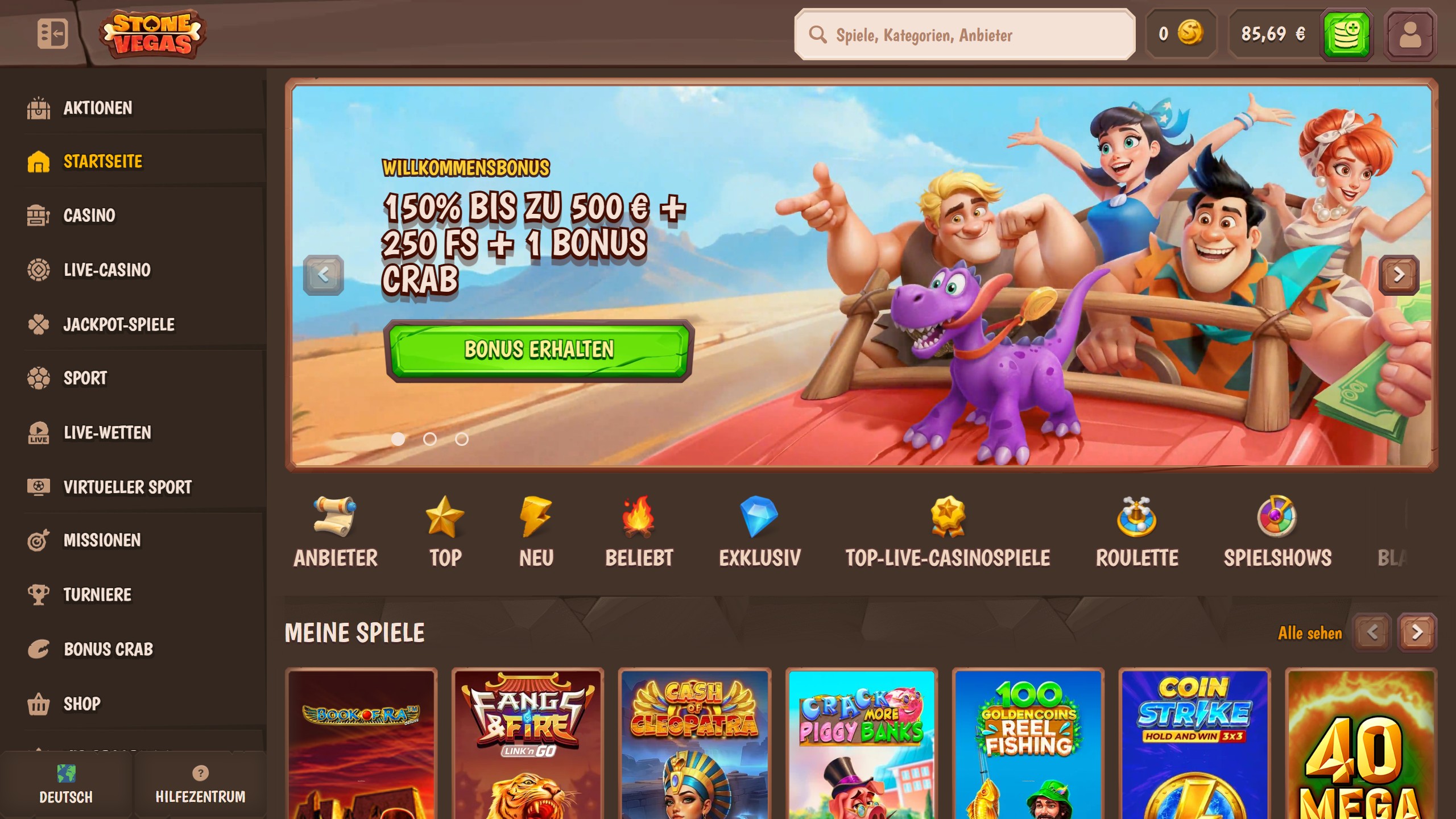 Screenshot des StoneVegas Casinos mit Boni und Spielen