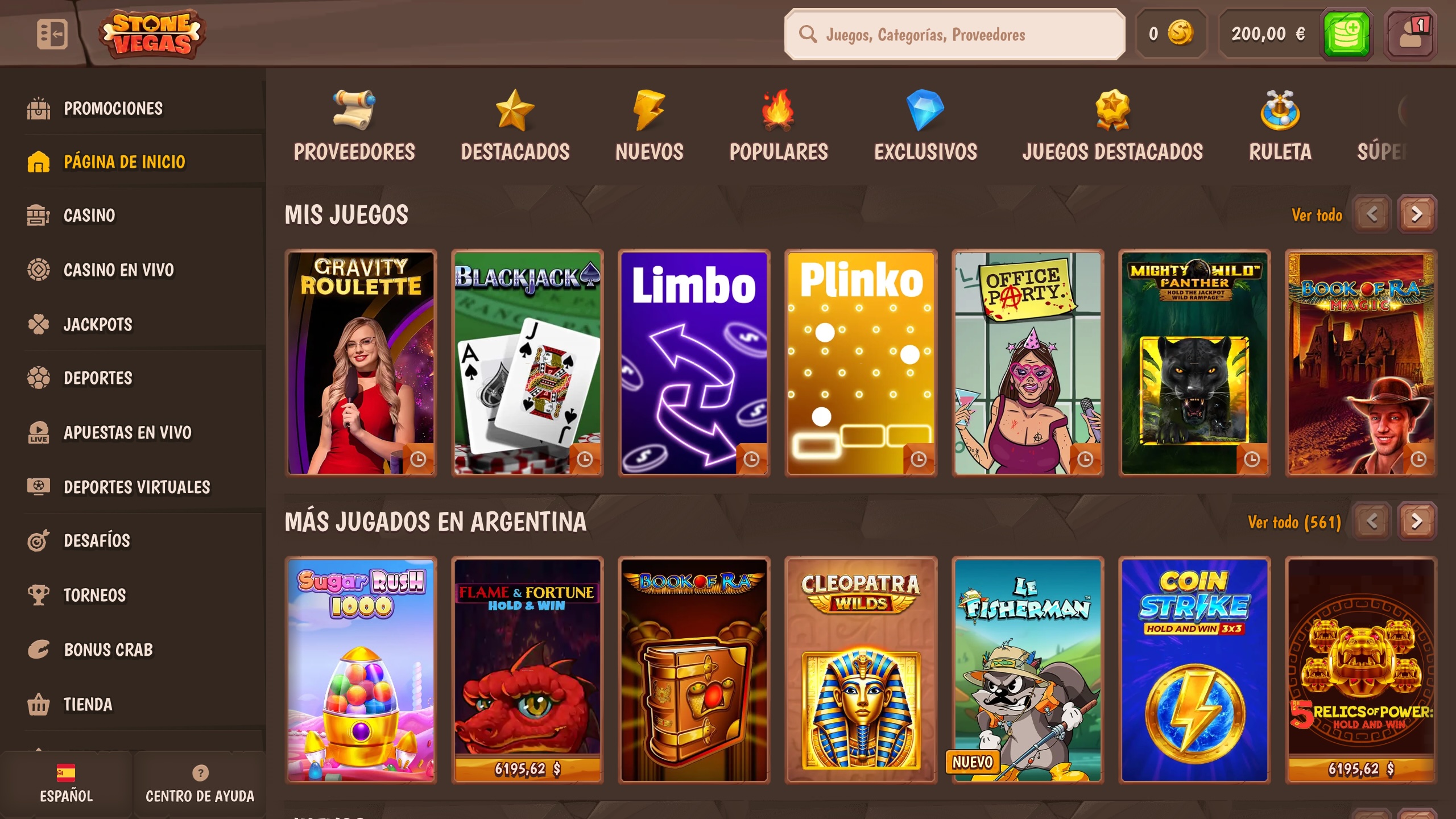 StoneVegas pagina principal con los considerados "mejores juegos en Argentina"