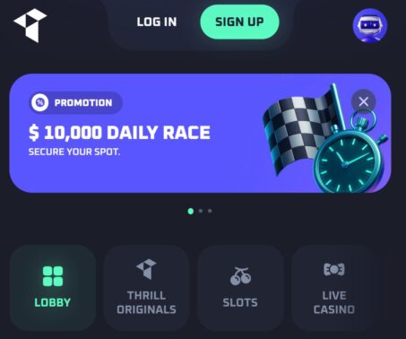 Um sich bei Thrill anzumelden, muss man auf den Sign in-Button klicken.