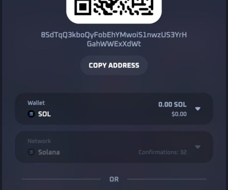 thrill casino cashier menu showing sol qr code, balance, and network