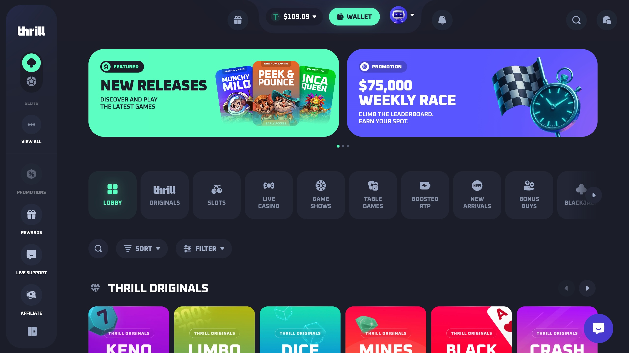 Das Bild zeigt die Desktop Startseite nach erfolgreichem Login bei Thrill Schweiz mit dem Bonusbanner und der Spielesammlung