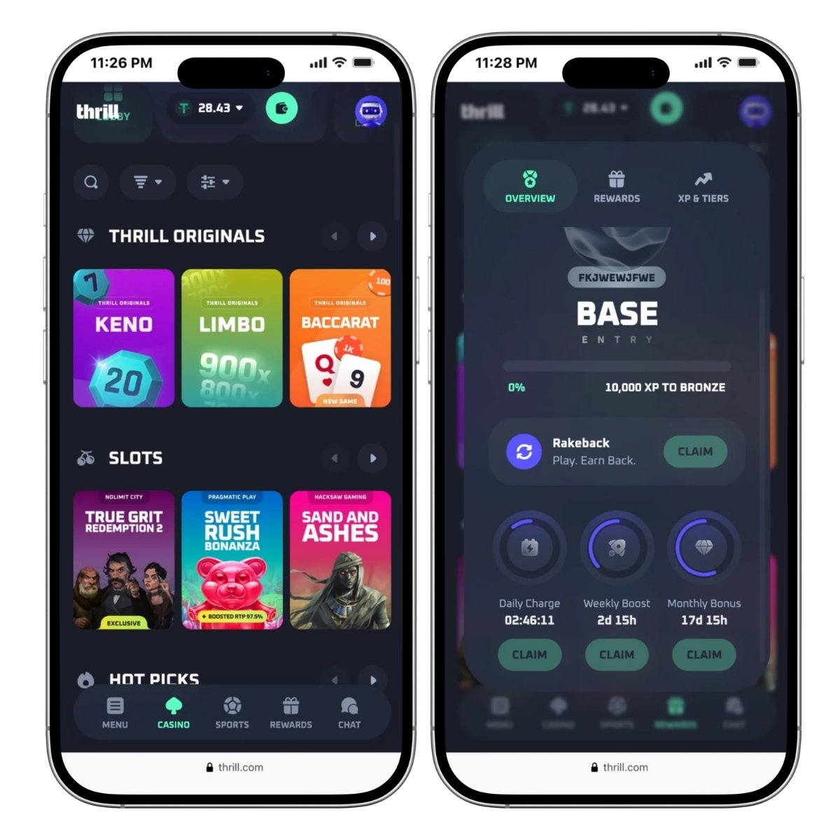 thrill casino mobile screenshots displaying the game lobby and xp engine rewards dashboard on two iphones