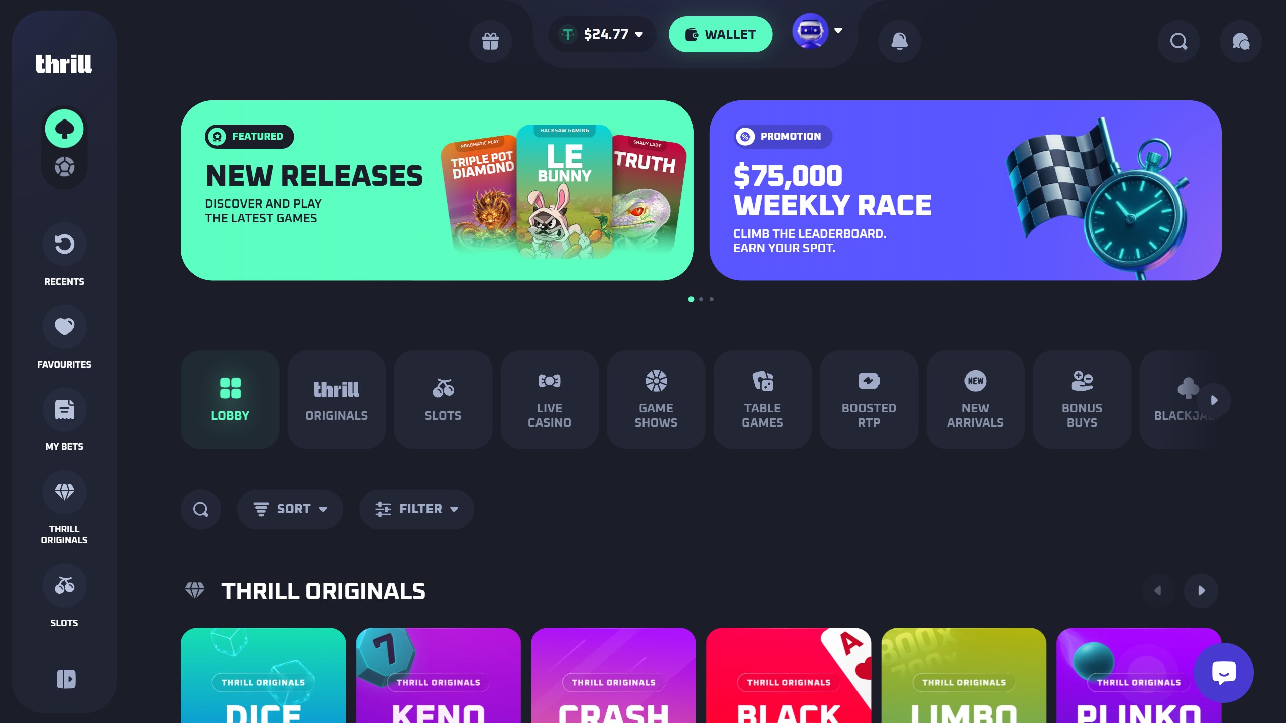 Screenshot des Thrill Casinos mit Boni und Spielen
