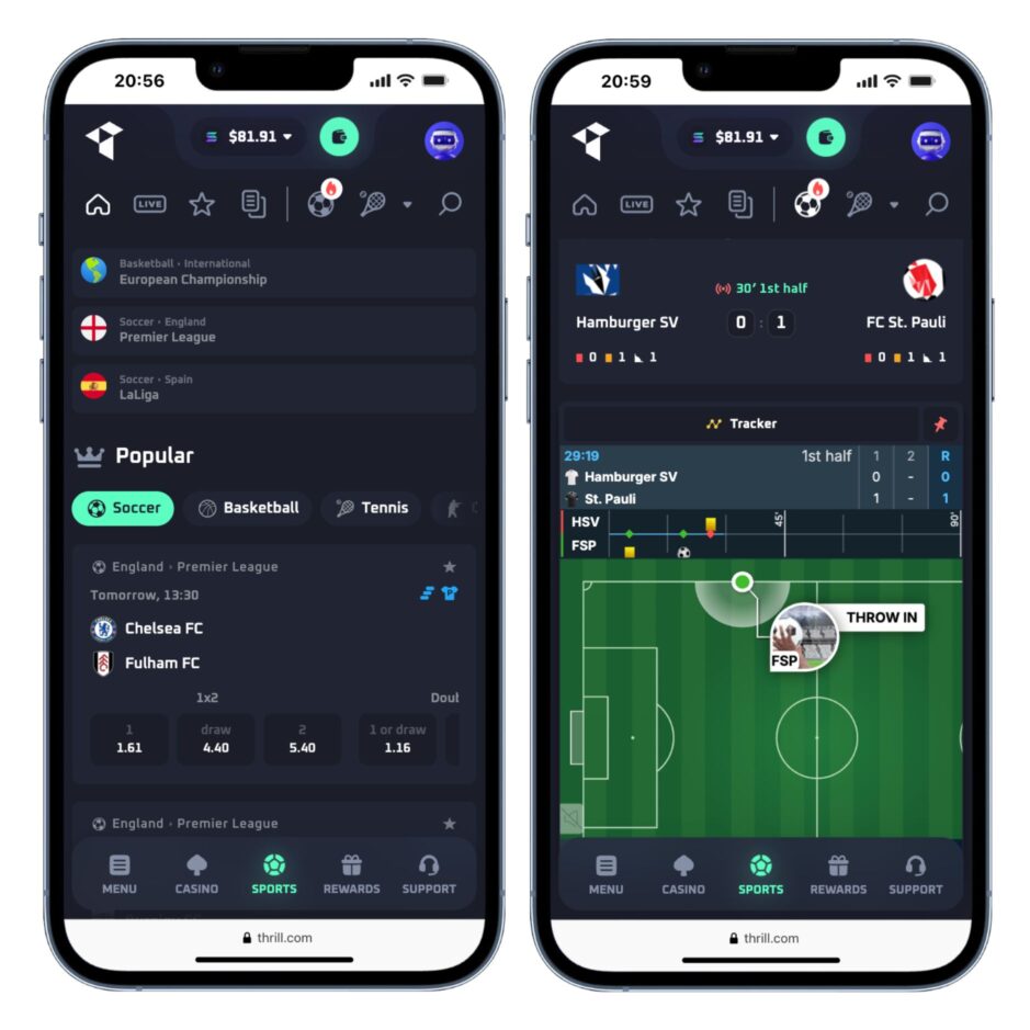 Mobile Screenshots vom Thrill Sportwetten und Live Wetten Bereich