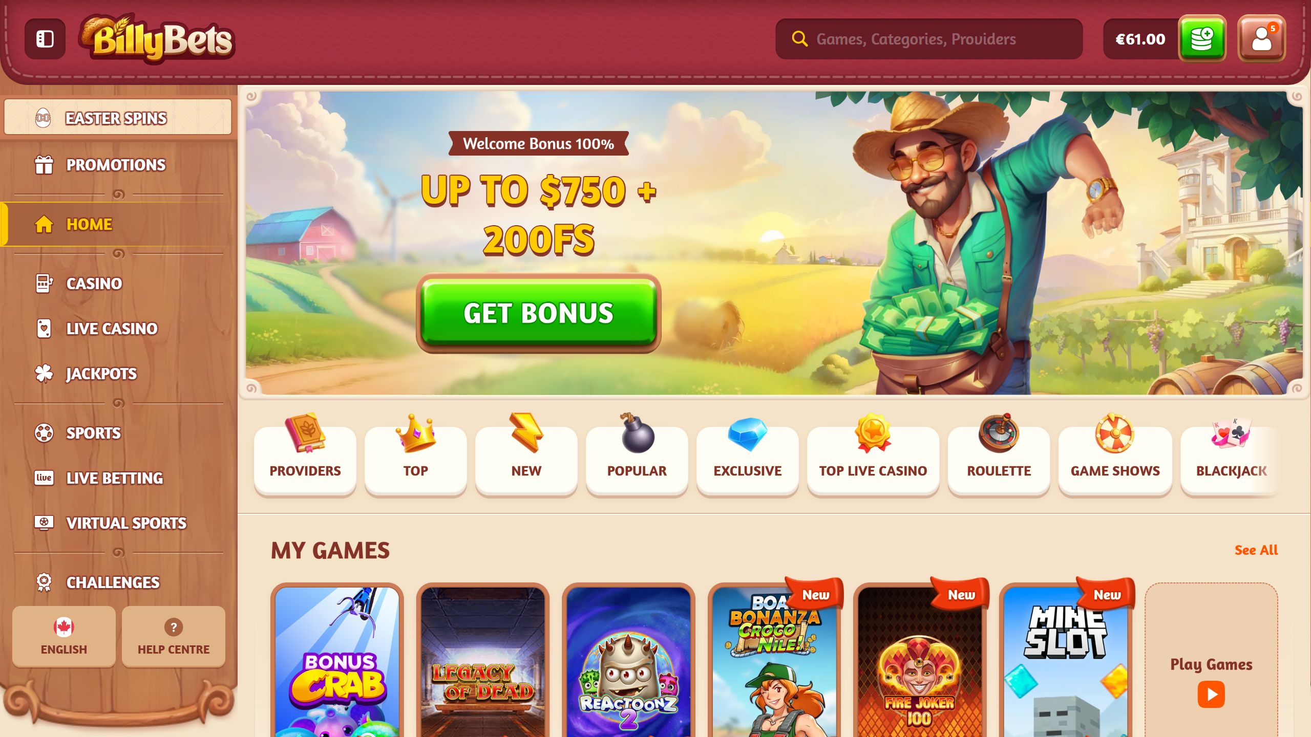 screenshot of BillyBets casino showing the bonus banner and game categories