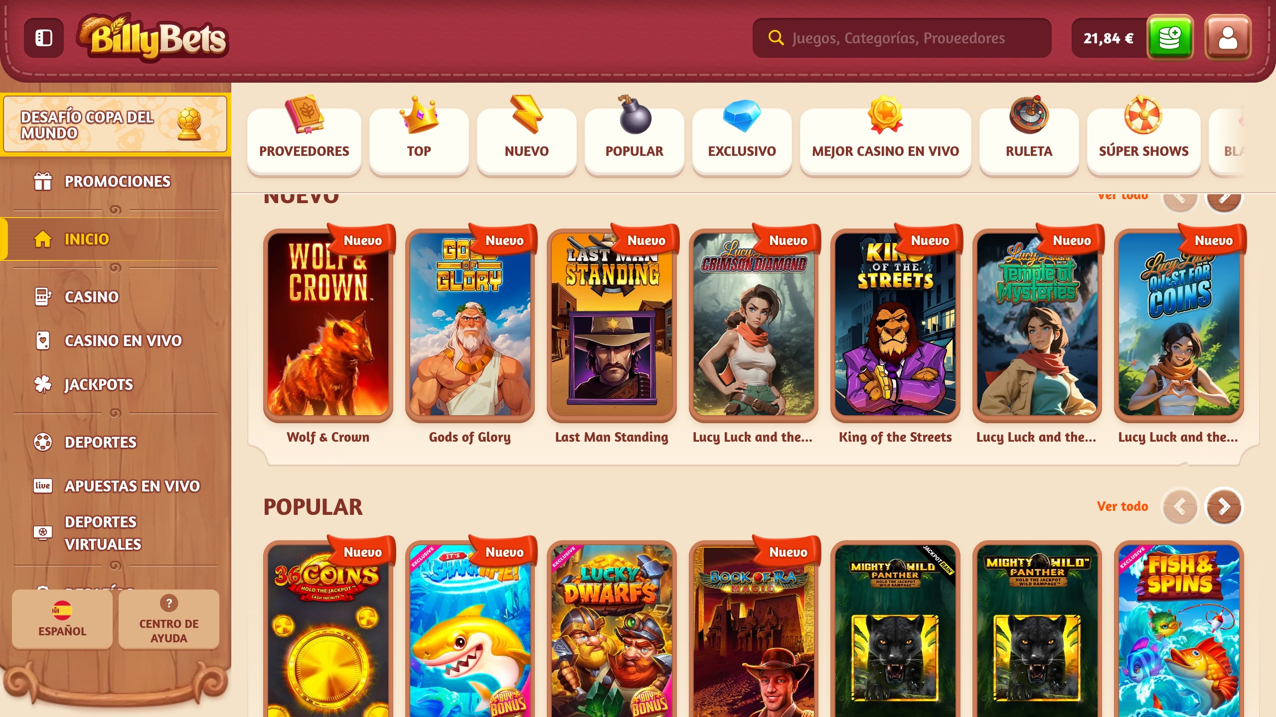 página principal de billybets casino en español con tragamonedas nuevas y populares, categorías de juegos y menú lateral de navegación