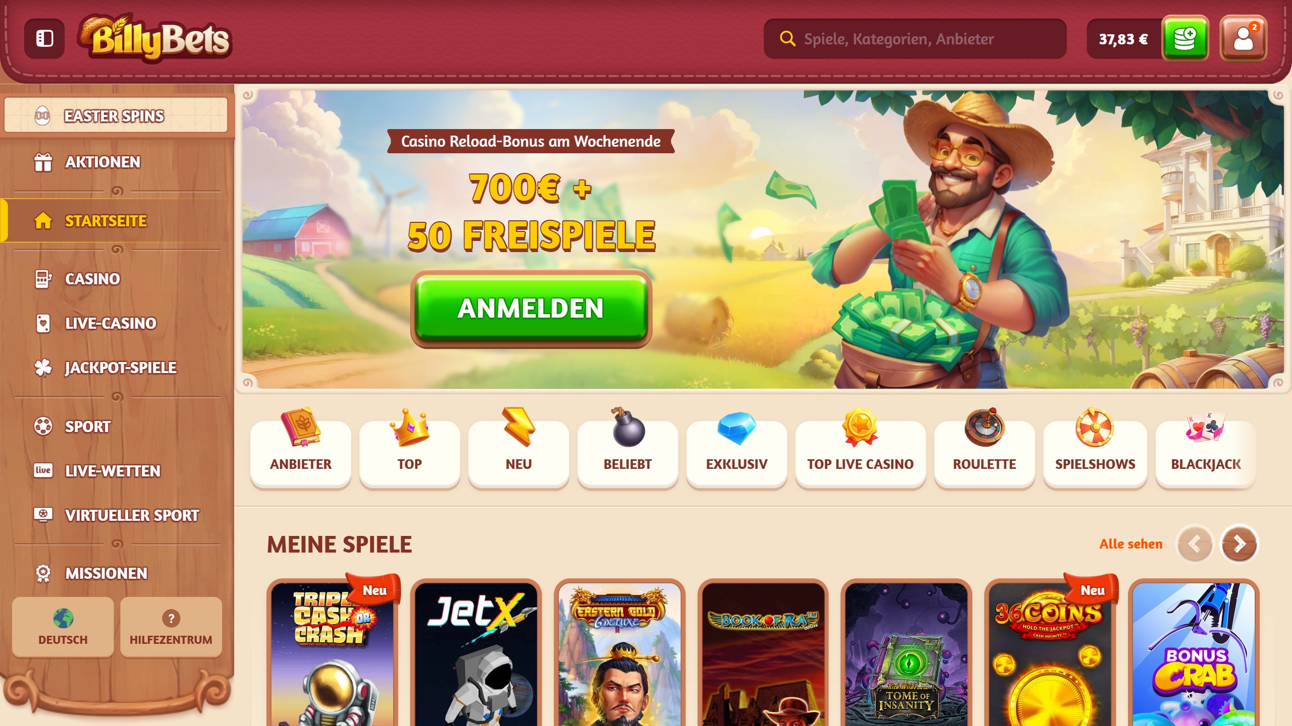 Screenshot des BillyBets Casinos mit Boni und Spielen