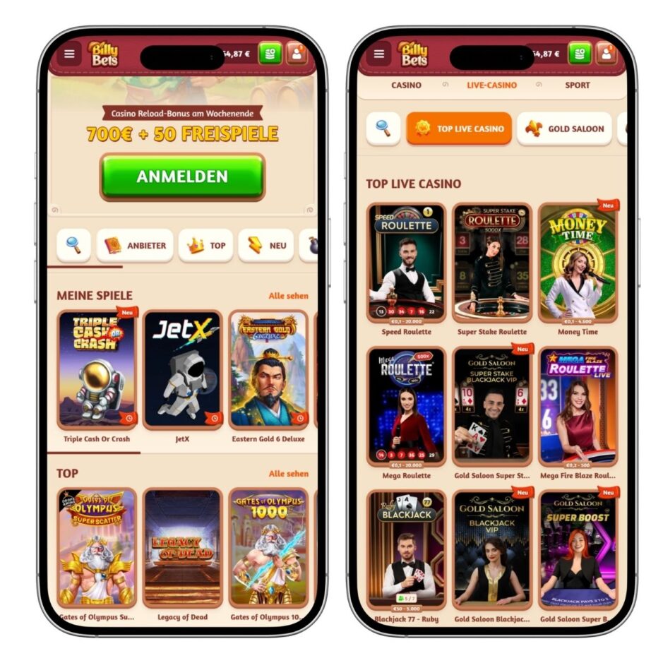 Screenshot des mobilen BillyBets Casinos