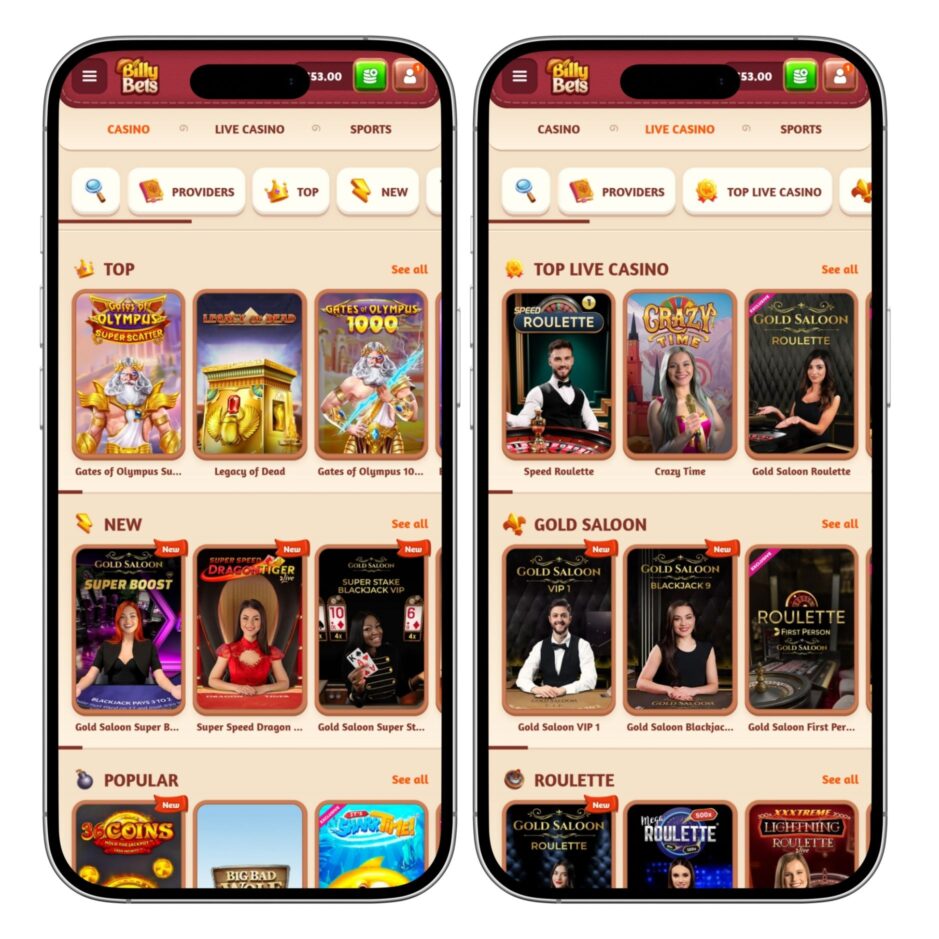 BillyBets mobile casino screenshot