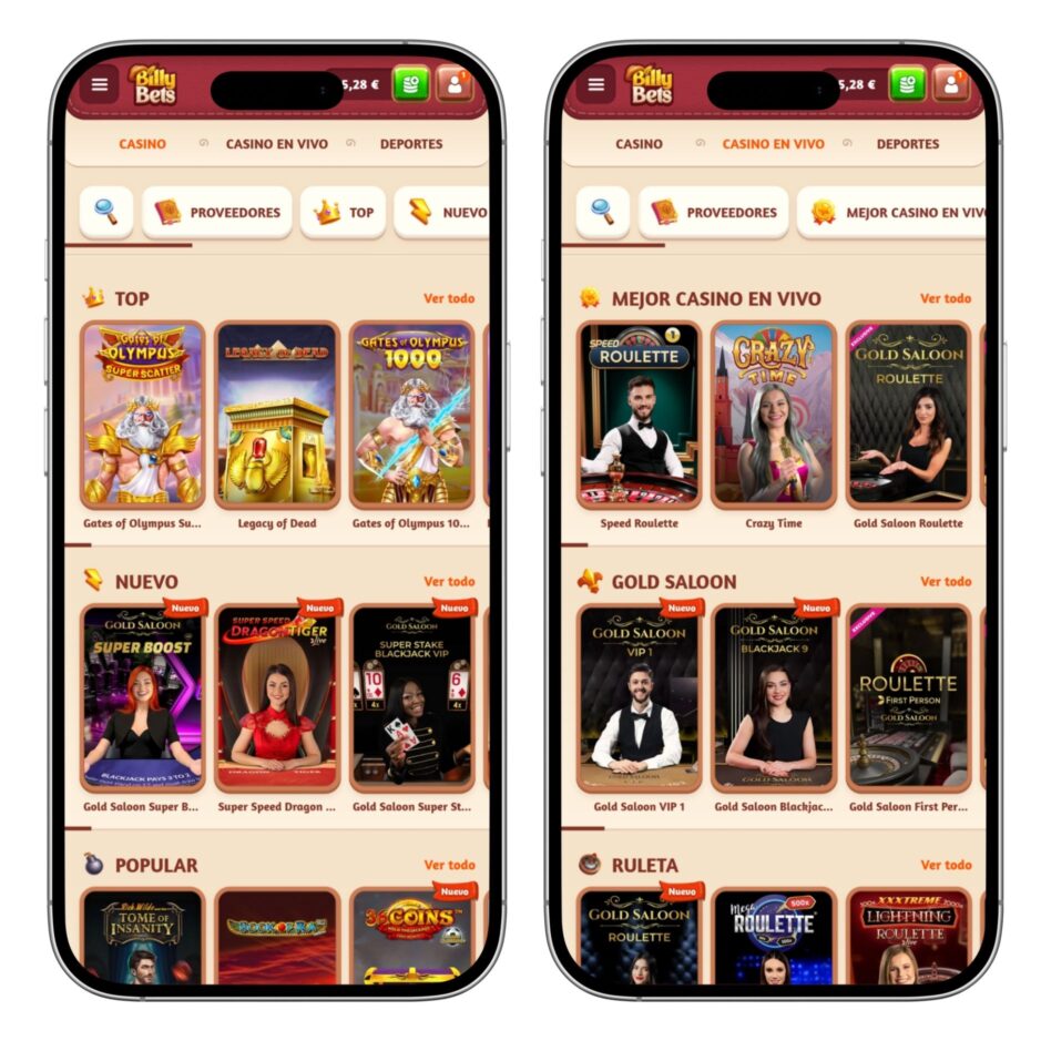 El casino móvil de BillyBets tiene todo lo que encontrarás en la página web para ordenador.