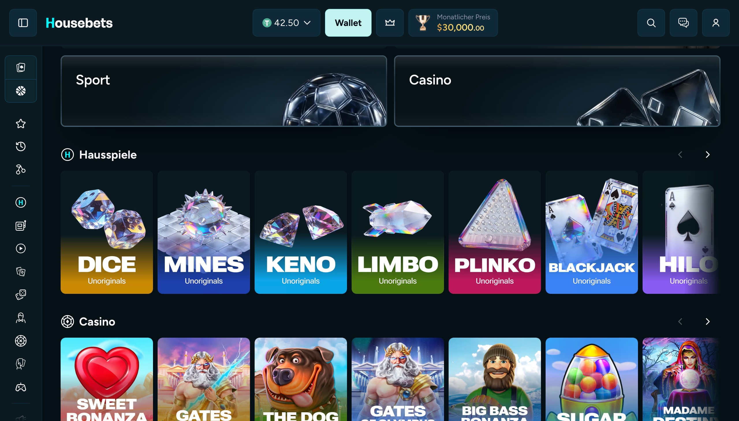 Das Bild zeigt die Desktop Version von Housebets CH mit der Spiellobby und dem Bonusbanner
