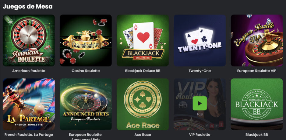 Juegos ofrecidos en la sección de juegos de mesa.