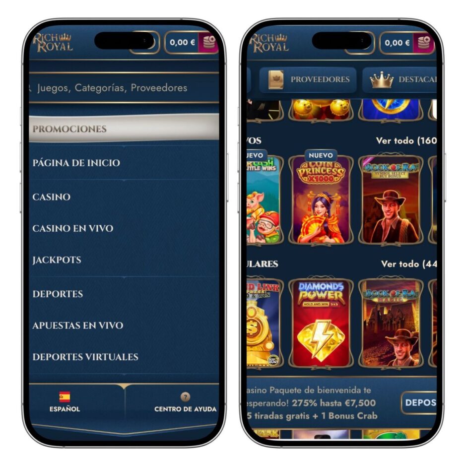 Versión móvil para jugar con Rich Royal Casino