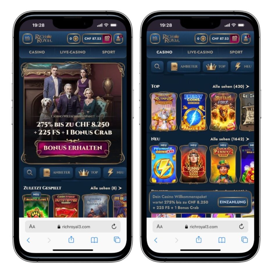 Mobile Ansicht RichRoyal. Es zeigt einmal die Startseite auf der linken Seite und einmal die Games auf der rechten Seite