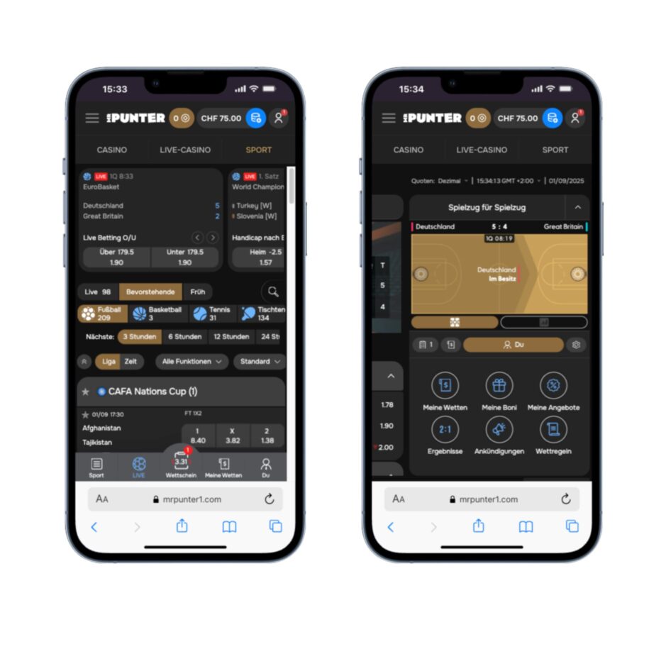 2 Screenshots von der mobilen Ansicht bei MrPunter Sportwetten