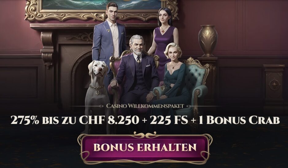 Das Bild zeigt eine wohlhabende Familie, die für ein Foto posiert. In der Mitte steht der aktuelle Casino Willkommensbonus der 275% bis zu CHF 8'250 + 225 Freispiele + 1 Bonuscrab ist. Am unteren Bildschirm ist ein grosser Button "Bonus erhalten"