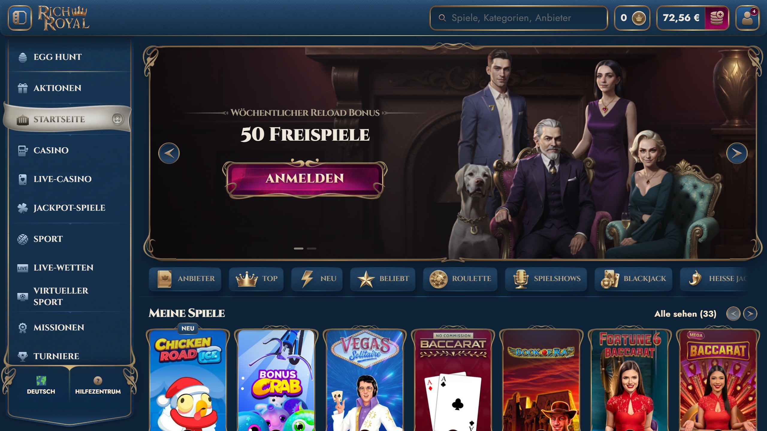 Screenshot des RichRoyal Casinos mit Boni und Spielen