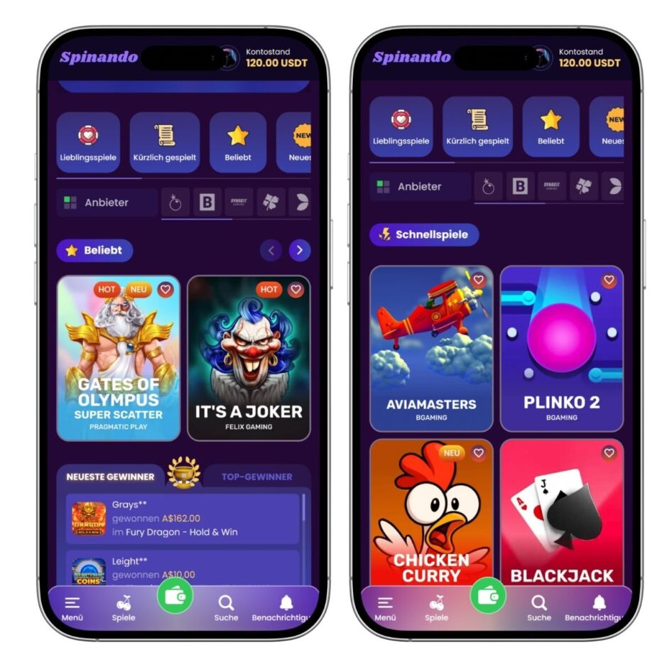 Screenshot des mobilen Spinando Casinos