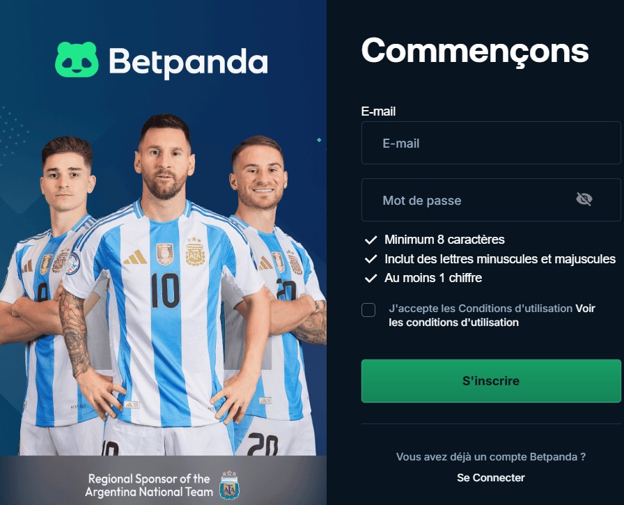 Le formulaire d’inscription de Betpanda