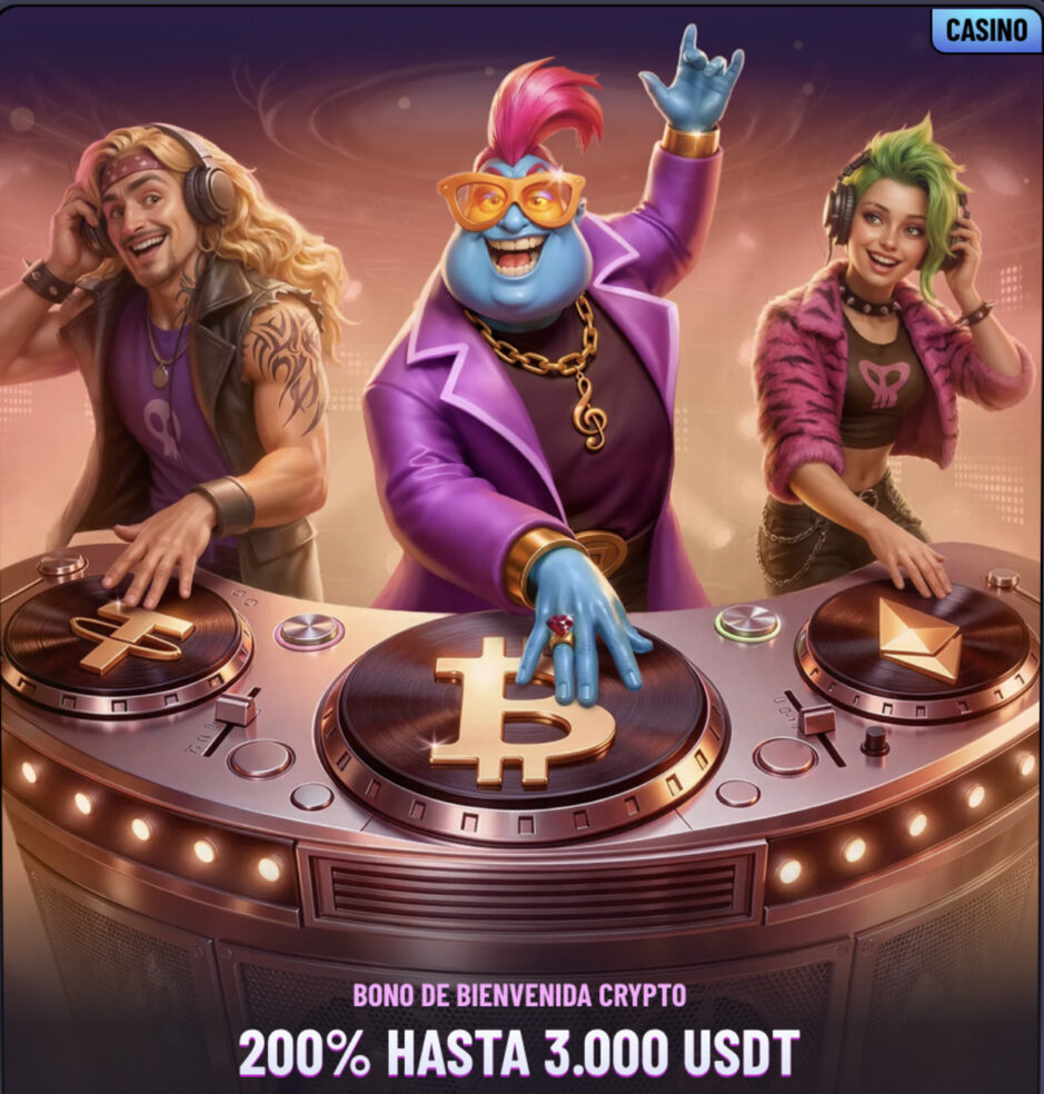 Tres personajes aparecen en una mesa de DJ presentando el bono de bienvenida cripto del 200% hasta 3.000 USDT.