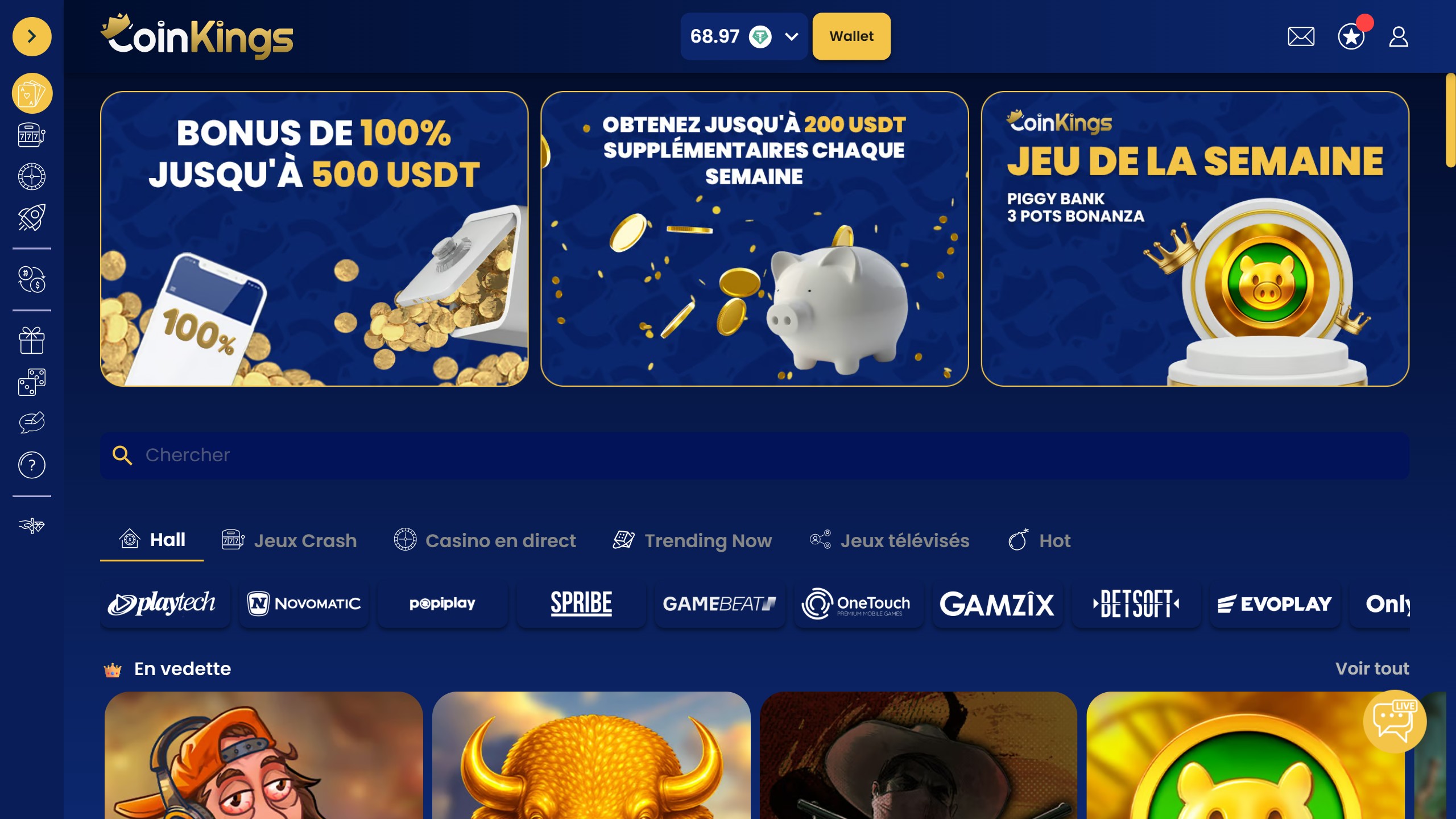 Capture d'écran du casino Coinkings avec ses bonus et ses jeux