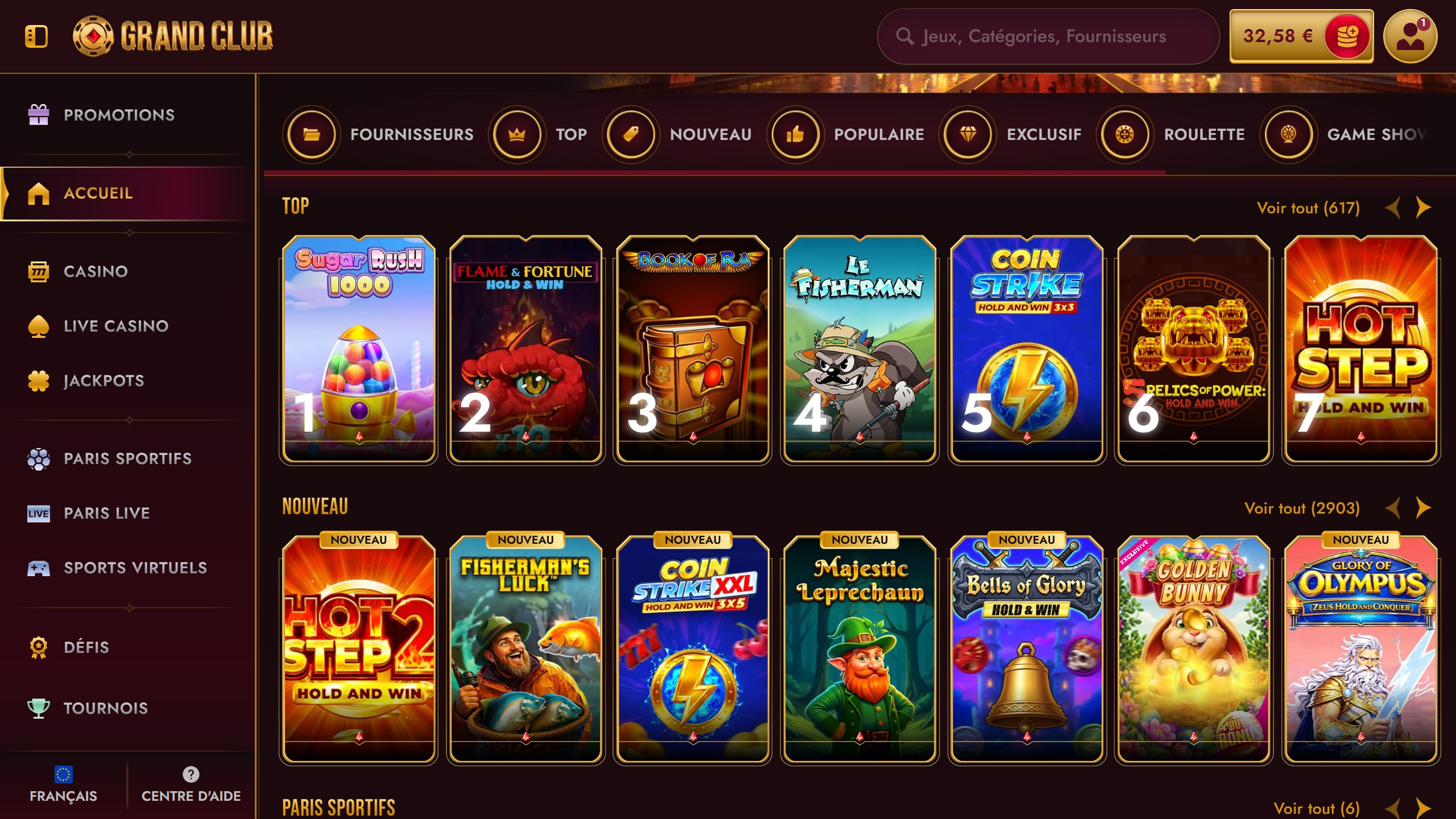 Capture d'écran du casino GrandClub avec ses jeux