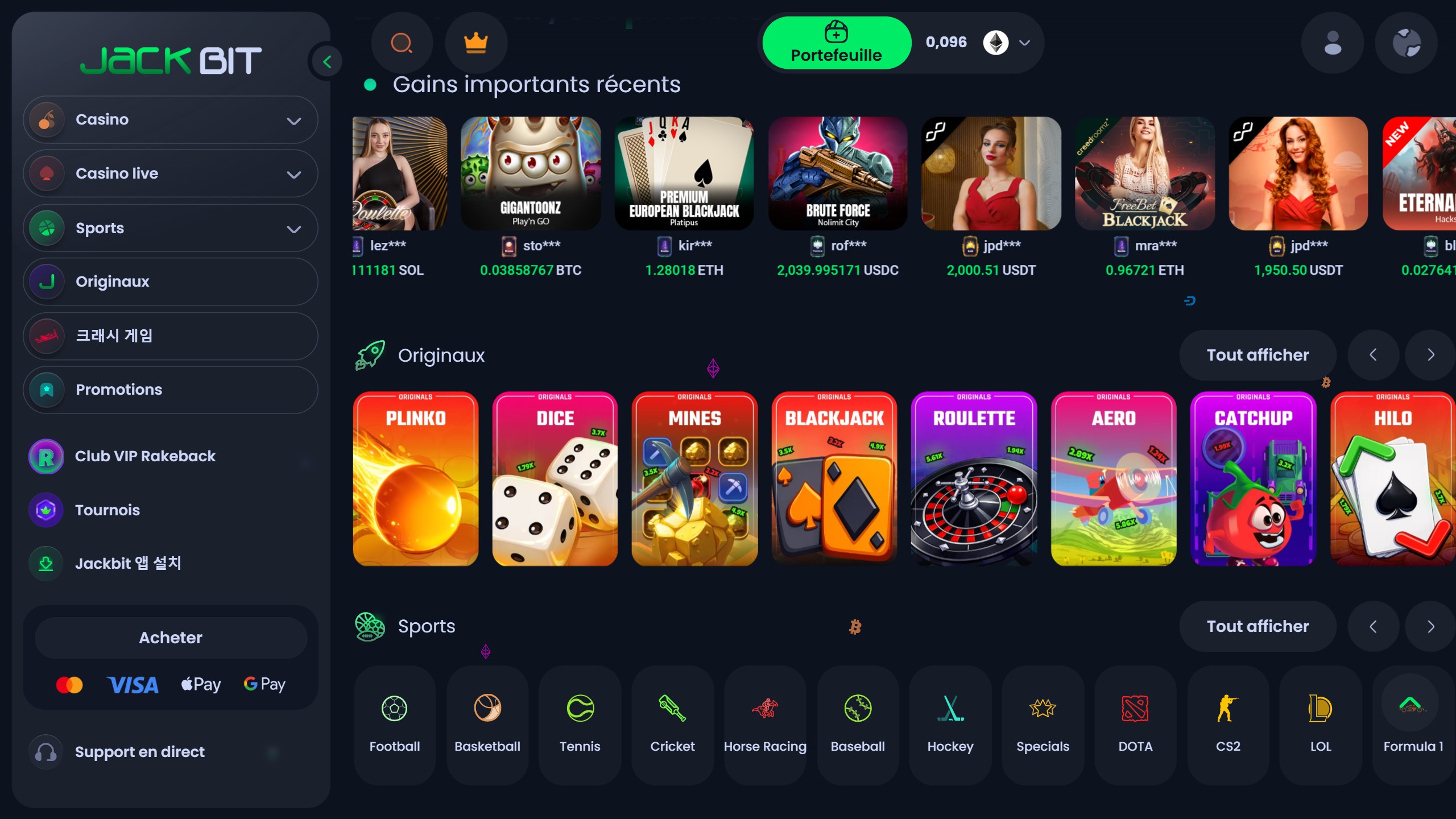 Capture d'écran du casino Jackbit avec ses jeux