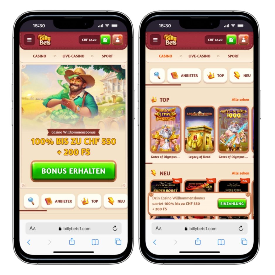 Mobile Ansicht BillyBets