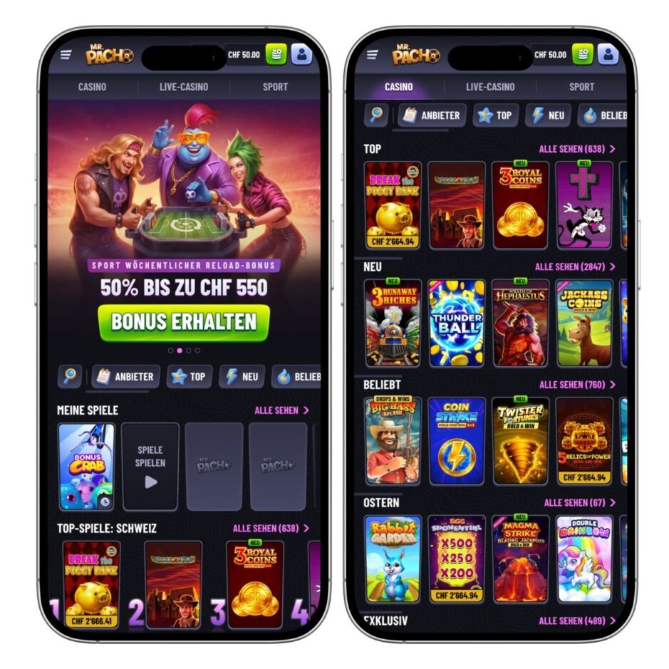 Das Bild zeigt die mobile Version von Mr. Pacho Schweiz - links sieht man die Startseite mit dem Bonusbanner und rechts die Casinospiele in der Übersicht