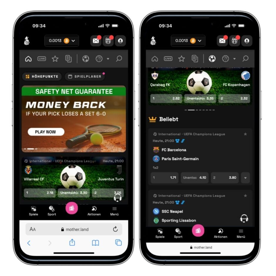 Mobile Ansicht Motherland Sport. Es zeigt einmal die Startseite auf der linken Seite und einmal die aktuellen Fussball Spiele auf der rechten Seite
