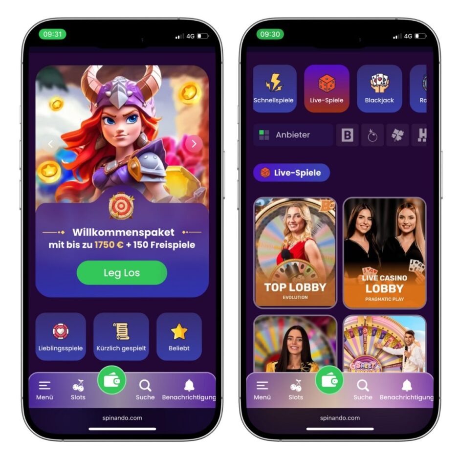 Mobile Ansicht Spinando. Es zeigt einmal die Startseite auf der linken Seite und einmal die Live Games auf der rechten Seite