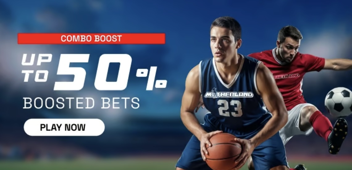 Das Bild zeigt einen Basketballer und einen Fussballer in Aktion auf der rechten Seite und links wird der Kombiwetten Bonus bis 50% angezeigt