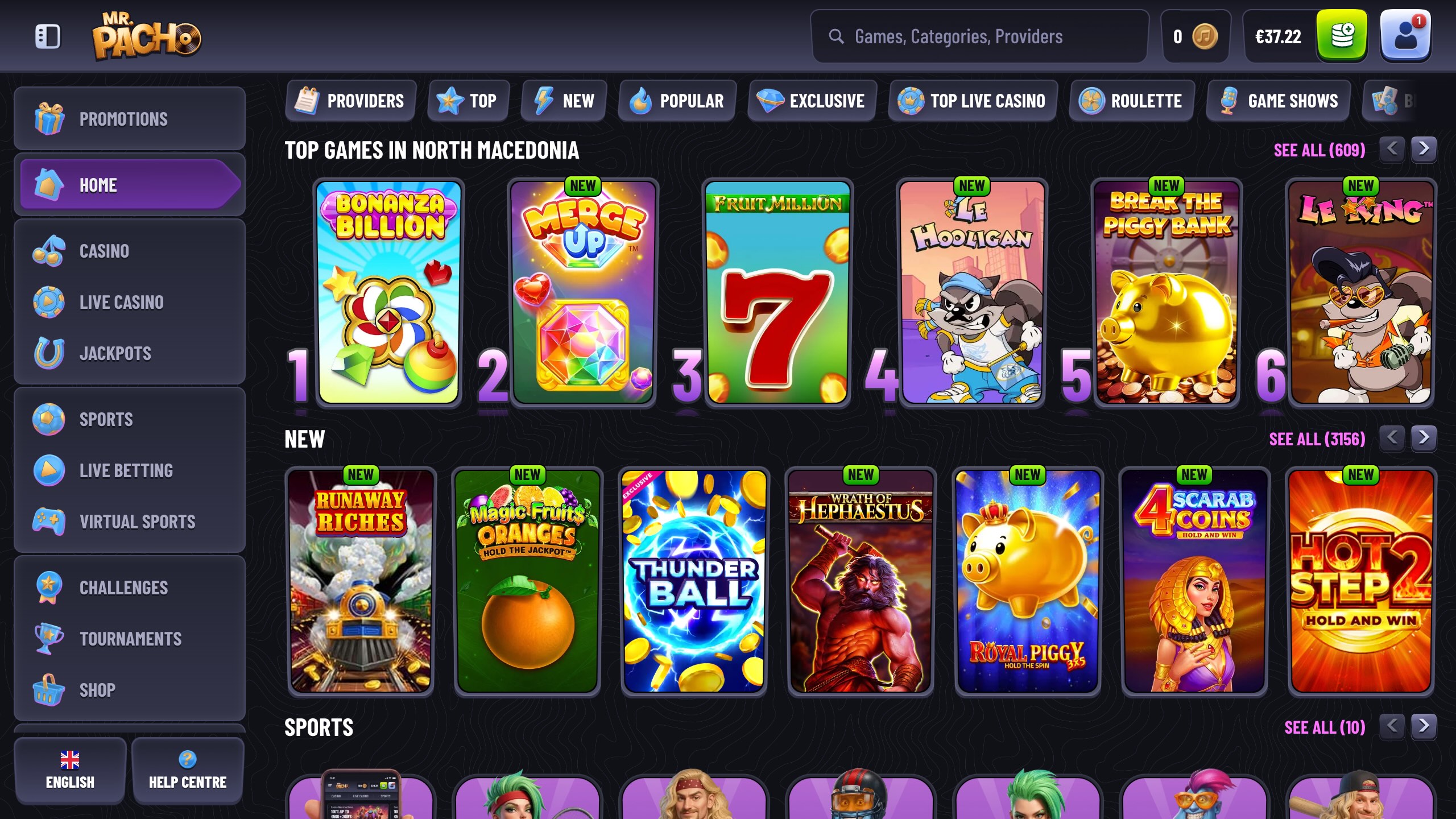 mr pacho casino lobby showing top games, new slots, live casino, sports betting and navigation categories