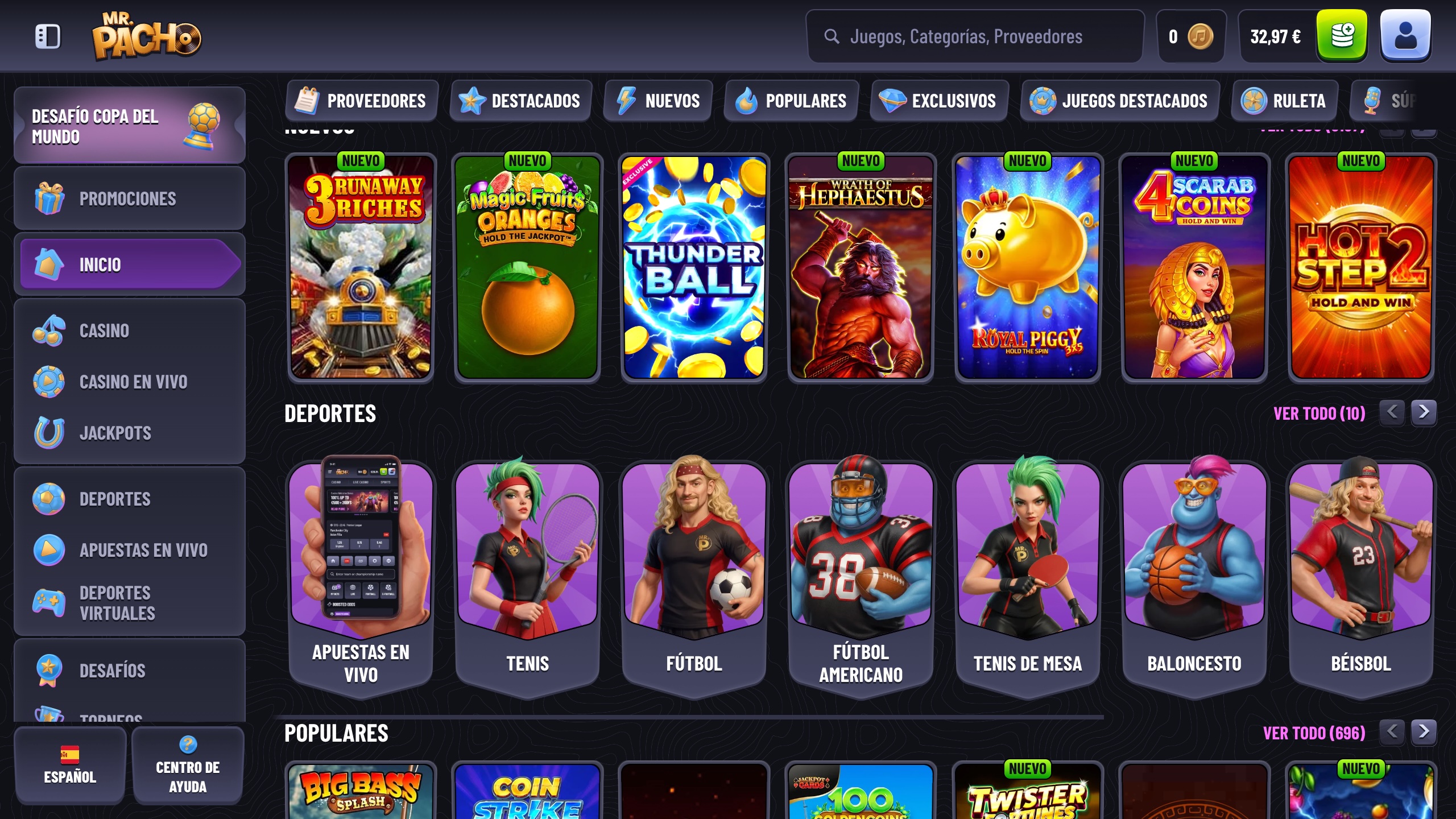 página principal de mr pacho casino en español con tragamonedas nuevas, categorías deportivas y menú lateral de navegación