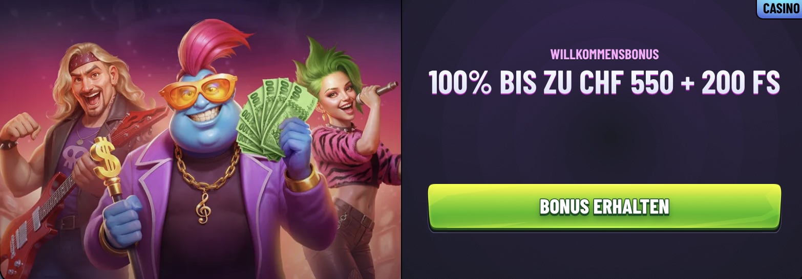 Das Bild zeigt den aktuellen Willkommensbonus von Mr. Pacho - 100% bis zu CHF 550 und 200 FS