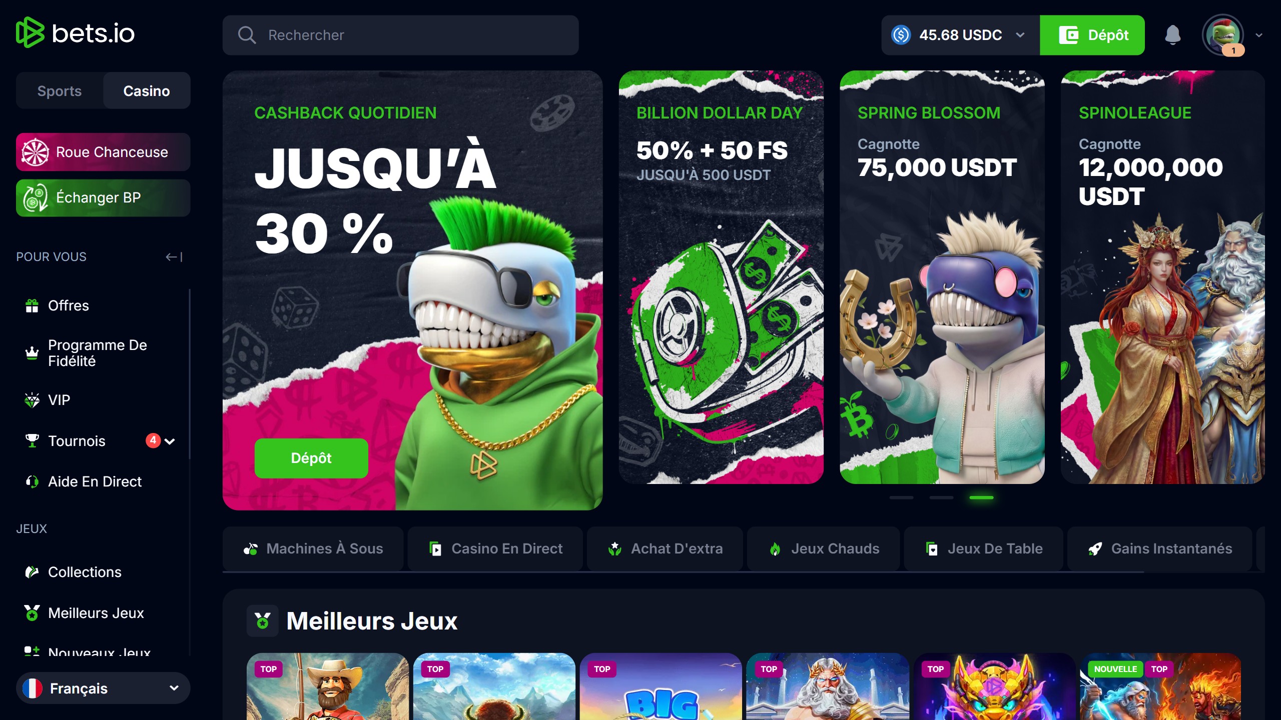 Capture d'écran du casino Bets.io avec ses bonus et ses jeux