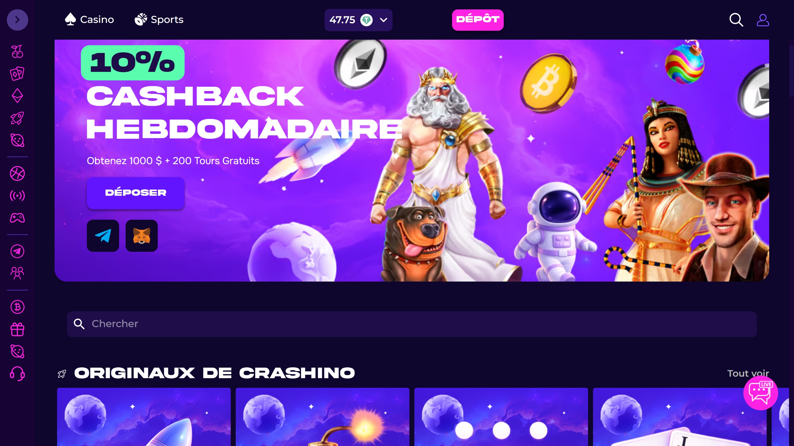 Capture d'écran du casino Crashino avec ses bonus et ses jeux