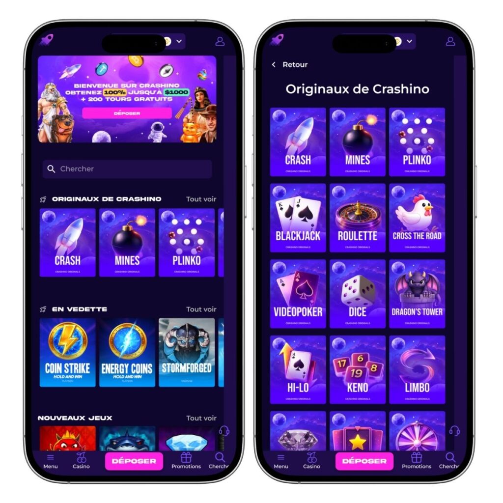 Capture d'écran du site web optimisé pour les appareils mobiles de Crashino